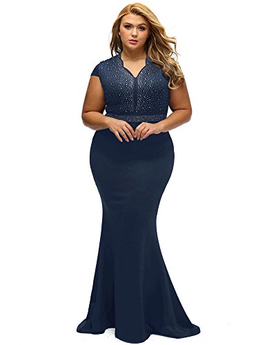 LALAGEN Women's Short Sleeve Rhinestone Plus Size Long Cocktail Evening Dress Navy XL - Image 4