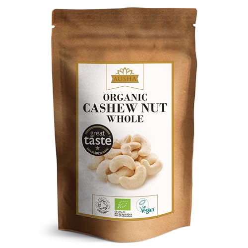 Ausha Organic CASHEW NUTS Whole 200g - UK Certified Organic by Soil Association - 1* GREAT TASTE AWARD