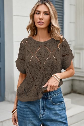 Image of Cakulo Women's Crochet Short Sleeve Sweater Summer Boho Tops | Hollow-out Pattern, Cropped Length, Open Knit Top, Loose Fit, Crew Neck, Beach Vacation, Casual Daily Wear