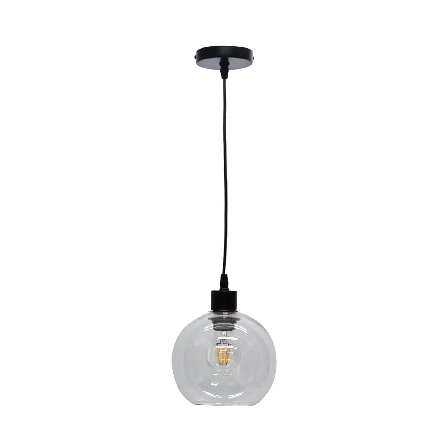 Firstchoicelighting Black & Clear Clear Glass Globe Ceiling Light Pendant With Black, Height Adjustable 23-130Cm, Kitchen Island Dining Lighting