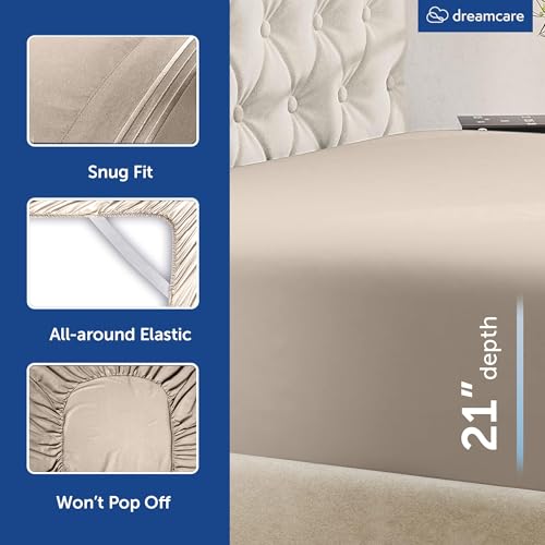 Image of DREAMCARE California King Sheet Sets - 4 pcs Breathable Cooling Sheets - up to 21 inch Extra Deep Cal King Sheets with Side Pockets - Extra Soft 100% Brushed Hypoallergenic Hotel Luxury Bedding - Beige