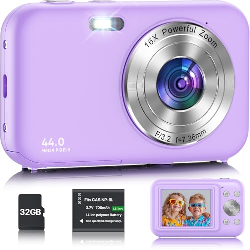 Digitalkamera, Kamera Fotokamera mit 32GB Karte, 44MP 1080P HD Kinderkamera mit 16X Digitalzoom Kompaktkamera, Wiederaufladbare Fotoapparat mit Akku, Kamera für Kinder, Teenager, Anfänger (Lila)