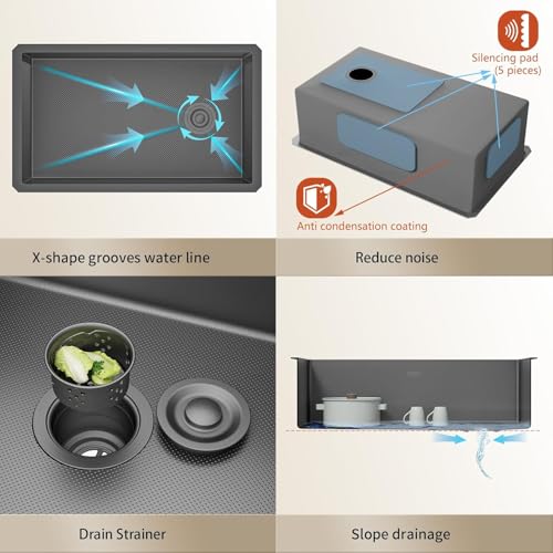 Image of 32 Inch Undermount Kitchen Sink, 304 Stainless Steel with Nano Coating, Single Bowl, Modern Design for Workstation, RV, Prep Kitchen & Bar, Drain Assembly Included, 32x19 Inch (Black)