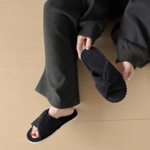 Women Summer Open Toe House Slippers Corduroy Memory Foam Indoor Bedroom Home Bathroom Comfy Shower Shoes2