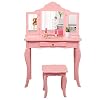 COSTWAY Kinderen kaptafel, prinses make-up tafel met kruk en inklapbare spiegel, make up tafel voor kleine meisjes (Roze…