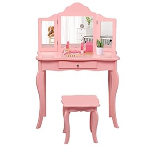 COSTWAY Kinderen kaptafel, prinses make-up tafel met kruk en inklapbare spiegel, make up tafel voor kleine meisjes (Roze…