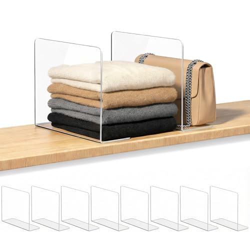 OKPOW Shelf Dividers for Closet Organization – Keep Sweaters & Purses Upright, Clear Acrylic Separators for Most Wood Shelves & Pantry, Damage-Free, Sturdy & Tall (10″ x 12″, 8 Pack)