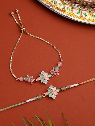 Image of Sukkhi Rakhi Most Beautiful Floral with Gold Plated Rakshabandhan Combo Lumba Rakhi for Bhiaya Bhabhi Brother with Roli Chawal & Greeting Card|Set of 2