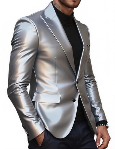 Men's Silver Leather Blazer,Single-Breasted,2 Buttons,Sharp Tailored Fit,Modern Lapel,Formal,Stylish2