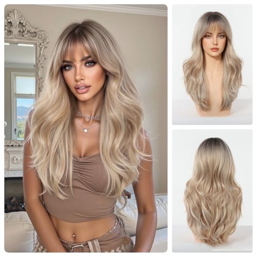 Novastel Long Wavy Platinum Blonde Wigs Human Hair with Bangs Dark Roots for Women Ombre Highlight Curly Lightweight Breathable for Daily Party Cosplay