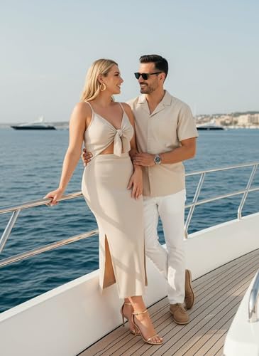 Image of PATPAT Couples Matching Outfits Bodycon Dress & Button-Down Shirt | Matching Cruise Outfits for Couples, Beach Vacation Outfits, Tie Front Cutout Slit Bodycon Sundress, Linen Men's Shirt