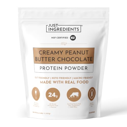 Image of JUST INGREDIENTS Creamy Peanut Butter Chocolate Protein Powder - 30-ServingBlend with Grass-Fed Whey, Pea, Pumpkin Seed, Chia & Collagen - No Sugar Added - No Gums 24g Protein