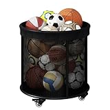 loyfreeyo ボール収納 ボールスタンド ボール置き ボール入れ 250L大容量 取り外し可能 車輪付きランドリーバスケット付きカート サッカーラック ボール収納ガレージ DIYツールおもちゃ ボールバケツ テニスラケットツールボックス (ブラック,60*69.5CM)