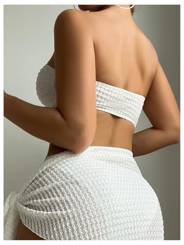 MakeMeChic Women's Bikini Sets Textured Ring Linked Bandeau Backless High Cut Swimsuit2