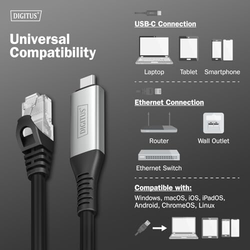 DIGITUS USB - Ethernet kablosu - Tip C - RJ45 - USB-C 3.2 Gen1-1 Gbit/s - 2 m - LSZH - CAT 6A S/FTP - AWG 26 - Tak ve Çalıştır - Siyah - Görsel 3