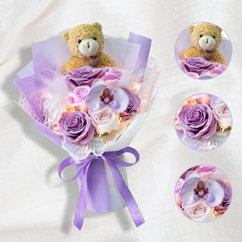 ソープフラワー 母の日 花束 バラ 造花 可愛いくま 誕生日 バレンタインデー 敬老の日 卒業式 入学式 お祝い 女性 退職祝い 結婚祝い花 発表会 フラワー ブーケ ギフト光るLED ライト 付き(紫) [2]