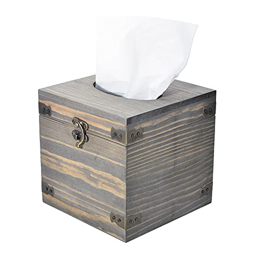 Exoliry Rustic Gray Vintage Wood Square Facial Tissue Paper Box Metal Corner Brackets Hinged Lid Hook Lock Latch Top Cover Distressed Wooden Holder Napkin Dispenser Bathroom Kitchen Bedroom #TOP2