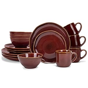 Elanze Designs Reactive Glaze Farmhouse Rustic Boho Ceramic Stoneware Dinnerware 16 Piece Plate Bowl Mug Dish Set – Service for 4, Burnt Auburn Red
