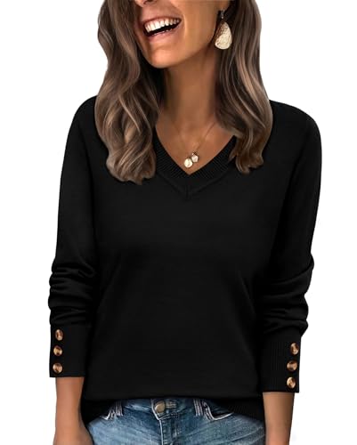 Image of WIHOLL Black Sweaters for Women Trendy Fall Fashion 2025 Business Casual Outfits Wool Blend Button Down Shirts Cute Ribbed Knit Sweaters Winter Blouses Dressy Clothing M