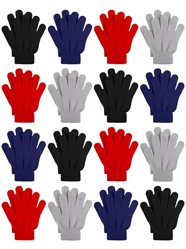 Cooraby 16 Pairs Winter Kids Gloves Warm Toddler Glove for Boys Girls 6-11 Years, Black, Navy Blue, Medium Gray, Jujube Red