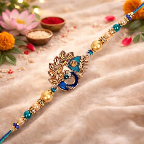 Image of Riddhika Ventures Meenakari Peacock Rakhi - A Bond of Love & Protection with Roli Chawal and Greeting Card