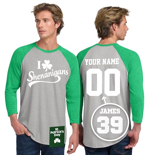 Custom St Patrick's Day Baseball Raglan Jerseys - I Love Shenanigans - Green Saint Pattys Outfits for Women and Men