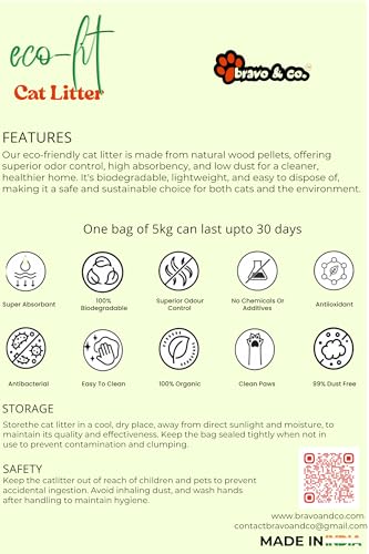 Image of Bravo & Co. EcoLit Wooden Cat Litter 40L /20Kg | Chemical-Free, Eco-Friendly & Sustainable | High Absorption & Odor Elimination | Dust-Free Litter for Multiple Cats | Comfortable & Easy Cleanup