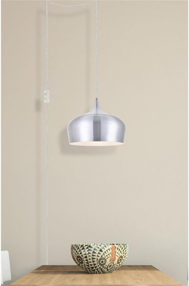 Pemberly Row 1-Light Mid-Century Aluminum Pendant, 9"H x 11.5"W, Burnished Nickel Finish, Chalice Shape, Plug-In Design with Built-In Switch, Adjustable Hanging Height, Kitchen Bedroom Office Lighting
