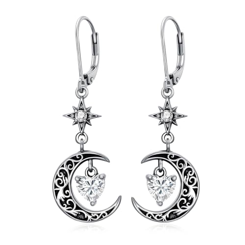 Moon Star Birthstone Dangle Drop Earrings for Women 925 Sterling Silver Black Crescent Moon Celestial Heart Earrings Hypoallergenic Gothic Jewelry Birthday Gifts