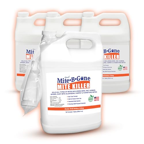 Mite Killer Treatment Spray Pack by Mite-B-Gone - Naturally Kills All Types of Mites Human Dust Spider Rat Carpet & Bird Mites | Family & Pet Friendly | 1 Gal 4-Pack