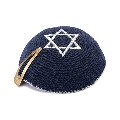 JL Kippha's Baumwolle bestickt gestrickt Marineblau Silber Davidstern...