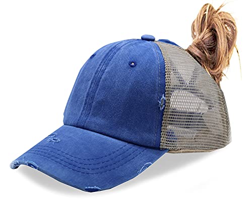 Kkmkshhg Ponytail Baseball Cap For Womens, Adjustable Vintage Trucker Washed Denim Dad Hat, Distressed High Mesh Messy Bun Velcro Ponycap #TOP16