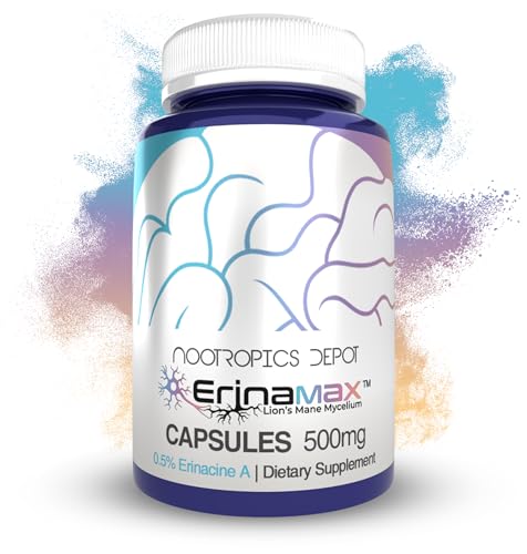 Nootropics Depot Erinamax Lions Mane 500mg Capsules | Liquid Culture Mycelium | 2.5mg Erinacine A | Mood Cognition & Nerve Support | 60 Count