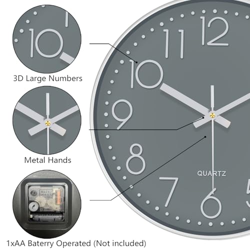 Image of Modern Silent Wall Clock - 12 Inch Wall Clocks Battery Operated Large Number, Non-Ticking Analog Clock with Tempered Glass Quartz Clocks for Living Room Bedroom Office Kitchen, Grey