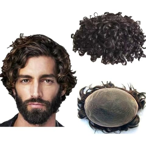 N.L.W. Curly Swiss lace toupee for men implant patch Afro curl Hair pieces for men prosthesis kinky curly human hair replacement system 10x8 hair units for men 10mm Curly black Cover