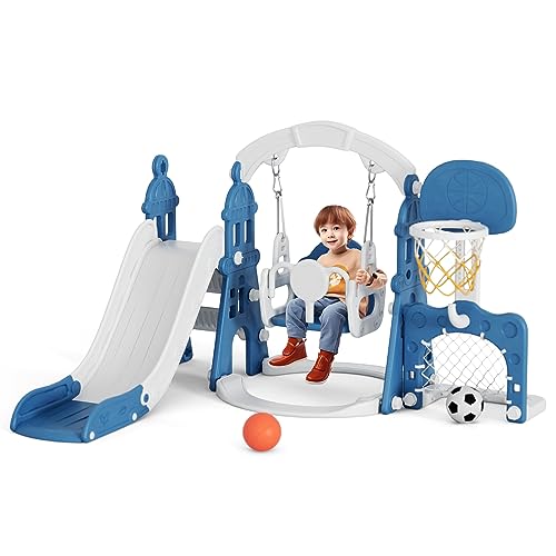 Image of KORIMEFA 5-in-1 Kids Slide and Swing Set, Toddler Slide with Basketball Hoop, Swing, Outdoor Indoor Playground for Toddlers 1-3 (5 in 1- Blue)