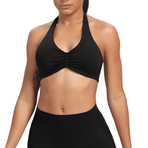 Image of Aoxjox Women's Workout Sports Bras Fitness Taylor Scrunch Halter Bra Yoga Crop Tank
