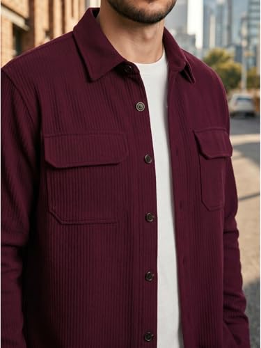 Image of DEELMO Men's Cotton Polyester Corduroy Shirt with Textured Pattern Spread Collar Full Sleeves Dual Pocket Front and Button Down Closure | Textured Shirts for Men | Shirts for Men Stylish