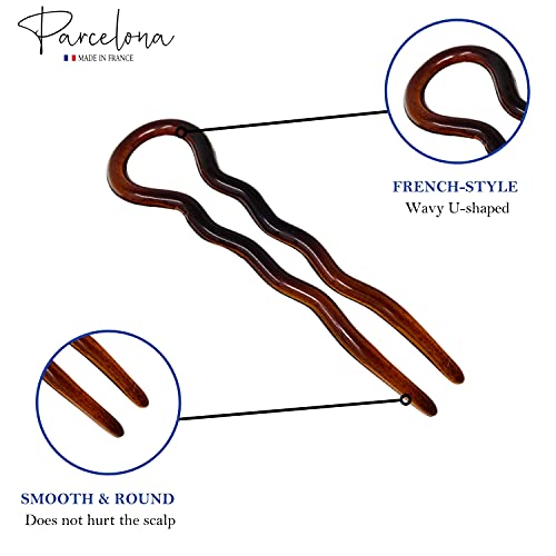 Parcelona French Sleek Tortoise Shell Large 3 1/2" Celluloid Made In France Wavy Crink U Shaped Set Of 2 Chignon Hair Pin Sticks For Women And Girls, Made In France #TOP2