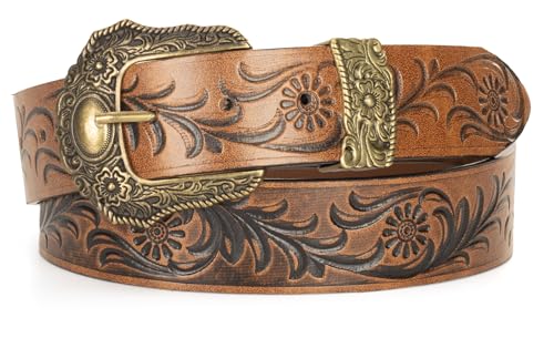 Women Vintage Floral-Carved-Leather-Belt Western-Country Cowgirl Belt with Metal Pin Buckle for Jeans Pants 28-38" Waist2