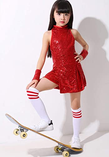 Girls Sequins Dance Dress Sparkle Hip Hop Jazz Dance Outfits Sleeveless Top And Shorts (Red, 5-6 Years) #TOP2