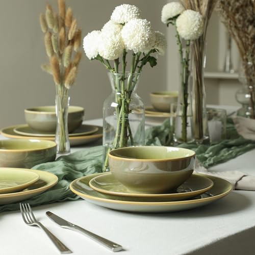 Image of Stone Lain Riley 12-Piece Dinnerware Set Stoneware, Plates and Bowls Set, Dishwasher and Microwave Safe, Dish Set for 4, Green and Blue