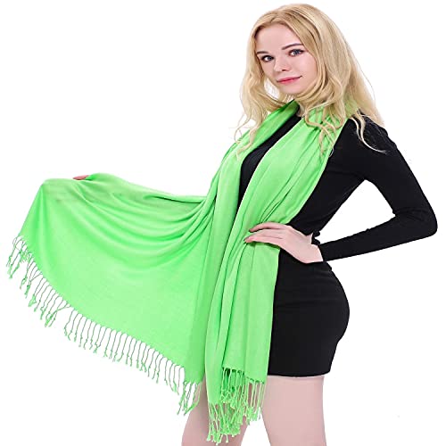 CJ Apparel Bright Green Solid Color Tassels Design Nepalese Shawl Seconds Scarf Wrap Stole Throw Head Wrap Pashmina Hand Made in Nepal New2