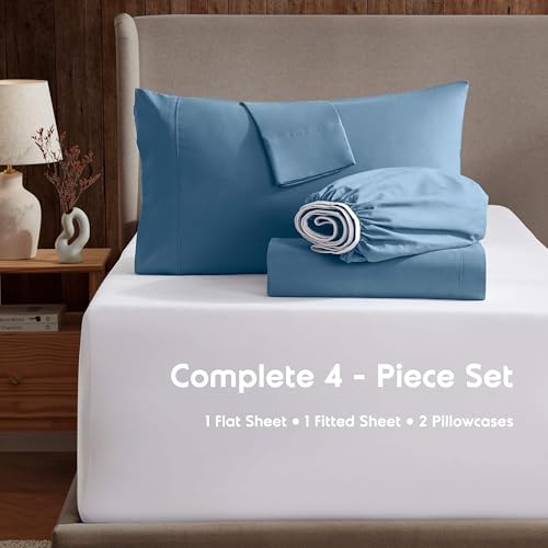 Image of Nestl King Bed Sheet Set - Blue Heaven - 4-Piece Deep Pocket | Instantly Soft, Night-One Ready (No Wash Required). Fits 16-Inch Deep Pockets, 360-Degree Elastic Grip