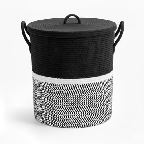 Image of Basket with Lid, 15 inch x 20 inch Woven Storage Basket for Blankets, Toys, Pillows, Towels, Living Room Bedroom Storage Bin, Round Rope Basket with Lid, Wicker Baskets for Organizing (BG8)
