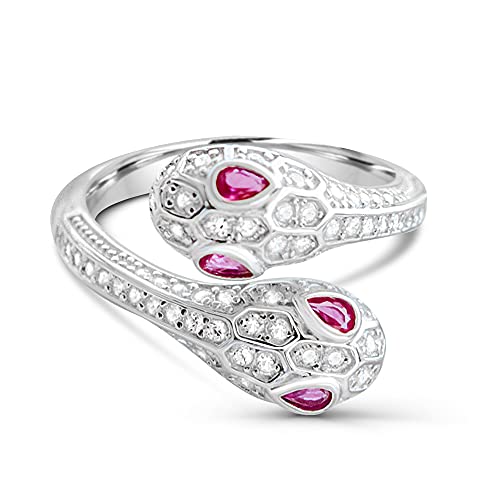 Tiramisú | Anillo de Serpiente de Plata de Ley 925 Chapado en Rodio con Circonita Cúbica | Joyería de Mujer | Tamaño Ajustable | Piedras Blanco/Rojo | Brillante | Regalo Elegante | Sin Níquel (Rojo)