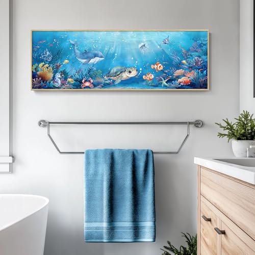 Large Framed Nursery Canvas Wall Art, Ocean Themed Nautical Prints Coastal Paintings Decor for Walls, Turtle Whale Coral Tropical Fish Pictures for Kids Boys Baby Girls Room Bathroom Wall Decor - Image 5