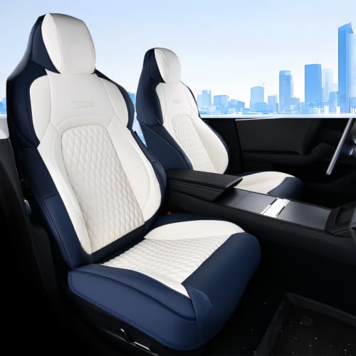 Image of Coverado Front Seat Covers for Tesla Model 3, New Car Seat Covers, Front 2PCS Leatherette Car Seat Cover Seat Protector Custom for Tesla Model 3 2024-2025 New BlueWhite