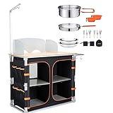 KingCamp Bamboo Folding Cooking Table Camping Kitchen Table with 17PCS Camping Cooking Set