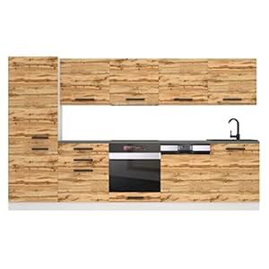 B BELINI GROUP Belini Kitchenette, keukenblok, roos, keukenmeubel, 300 cm, inbouwkeuken, volledige uitrusting zonder elektrische apparaten, met hangkasten en onderkasten, zonder werkbladen, Wotan-eiken